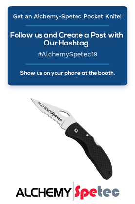 Get a complimentary Alchemy-Spetec pocket knife at World of Concrete 2019!  Drop by to see us at Booth # O40551 in the Silver Lots (same location we were in last year).  Show us a social media post you made with the hashtag #AlchemySpetecWOC and you'll receive one absolutely free!